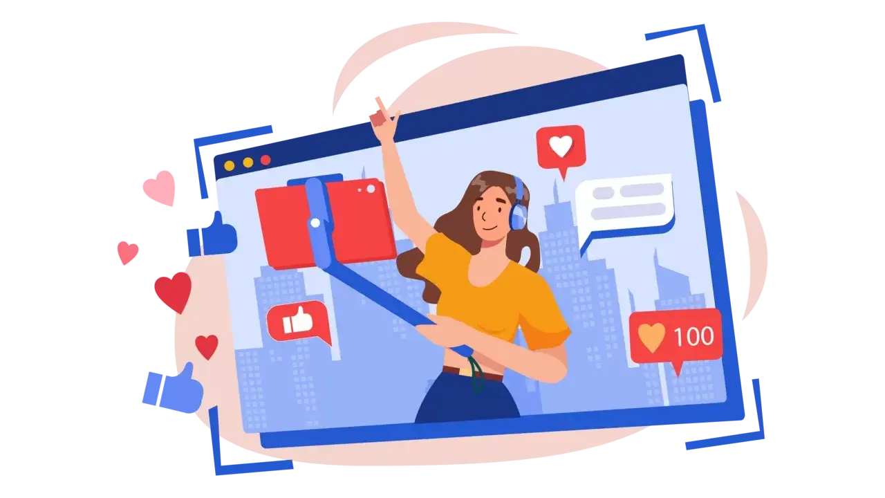 Dziewczyna z selfie stickiem nagrywa filmik. Ikony serduszek i kciuków w górę sugerują popularny wpis na bloga po angielsku tematy.