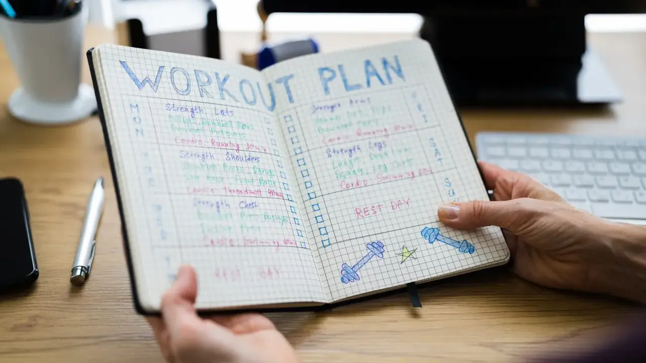 Ein offenes Notizbuch mit einem Trainingsplan, der Übungen und Ruhetage auflistet. Der Plan ist in Spalten für die Tage der Woche unterteilt, mit Kästchen zum Abhaken. Der 3er Split ist klar erkennbar.