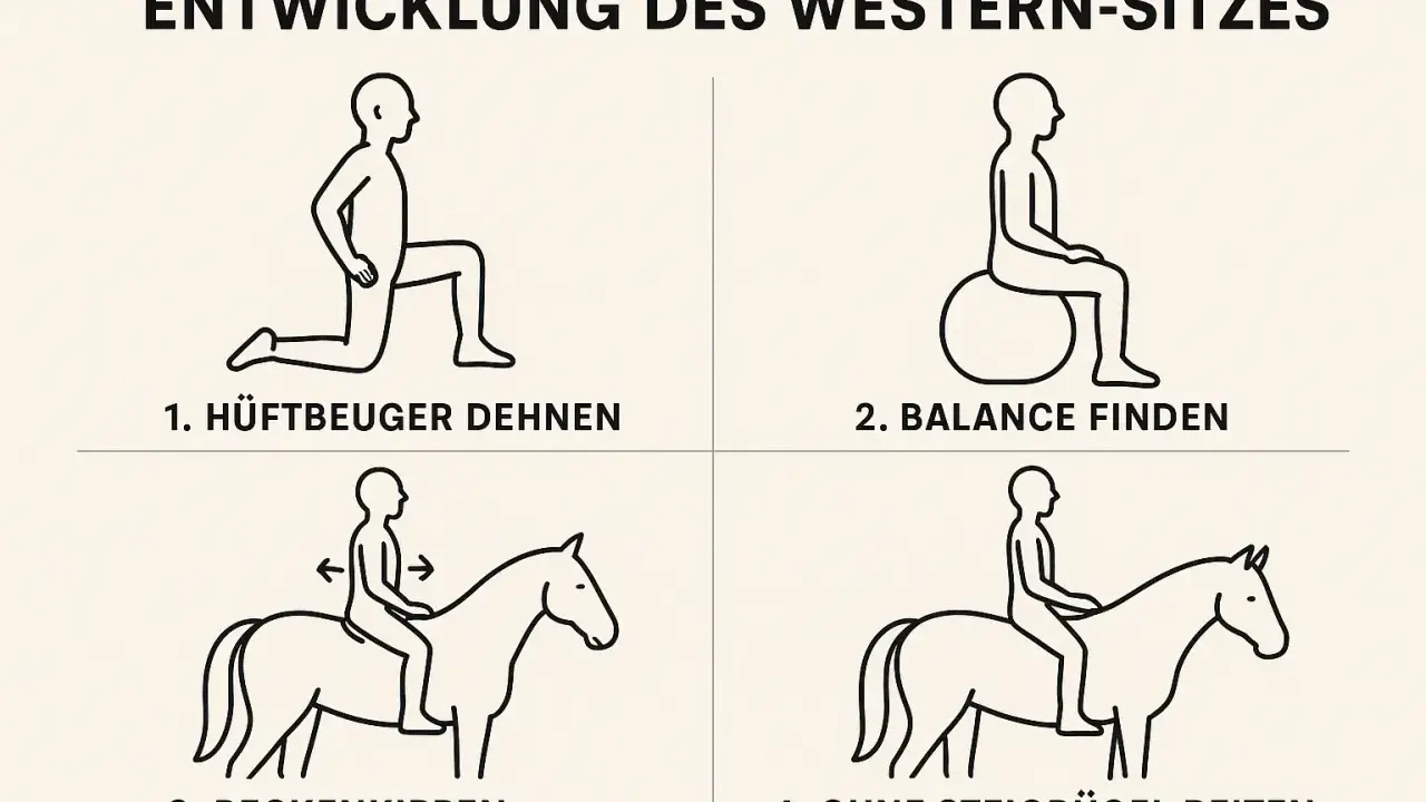 Übungen zur Entwicklung des Western-Sitzes: Hüftbeuger dehnen, Balance finden, Becken kippen und reiten ohne Steigbügel – so wird das Westernreiten gemeistert.