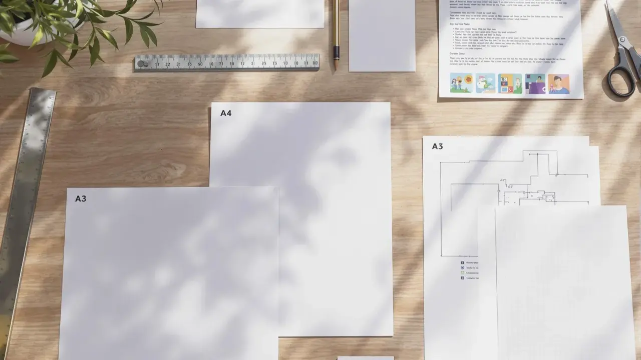 Na drewnianym biurku leżą kartki papieru w formatach A4 i A3, linijka, ołówek i nożyczki. Jedna z kartek ma nadrukowany tekst i ilustracje, przypominając materiały do druku w rozmiarze papieru letter.