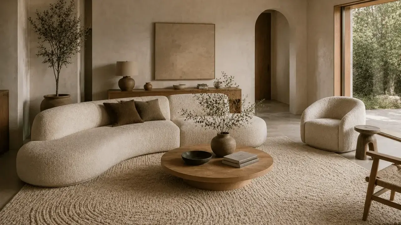 Ett lugnt, minimalistiskt hem med en böljande soffa, en rund soffbord och en fåtölj i bouclé. Naturliga material och jordnära färger skapar en harmonisk atmosfär.