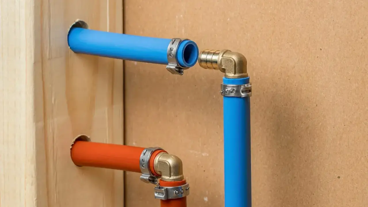 Instalacja hydrauliczna z rurami PEX. Widoczne zaciskanie PEX na złączkach, niebieska i pomarańczowa rura wychodząca z drewnianej belki.