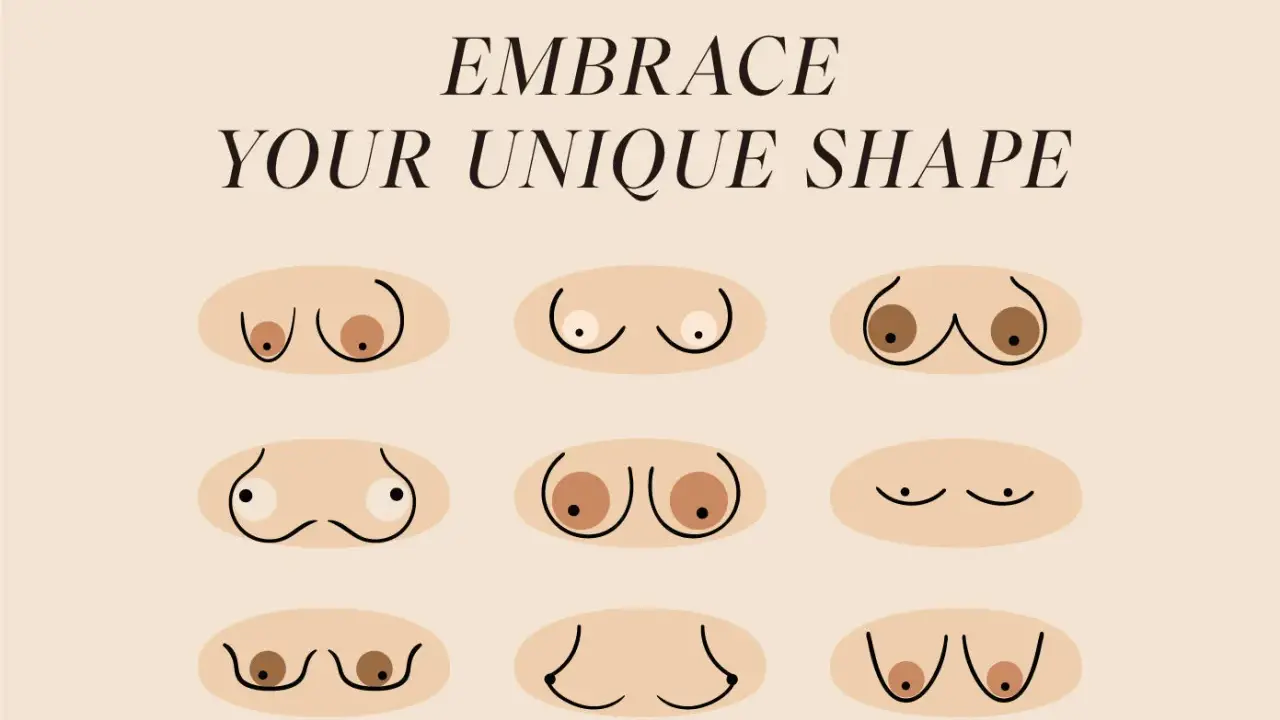 Illustrazione di nove seni di varie forme e dimensioni, da un tettone a punta a seni più arrotondati, con il testo "EMBRACE YOUR UNIQUE SHAPE".
