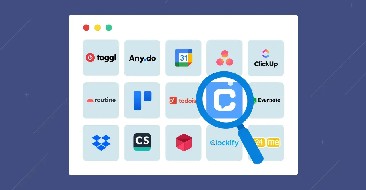 Loupe sur des icônes d'applications pour l'organisation de la vie quotidienne : Toggl, Any.do, ClickUp, Evernote, Dropbox, etc.