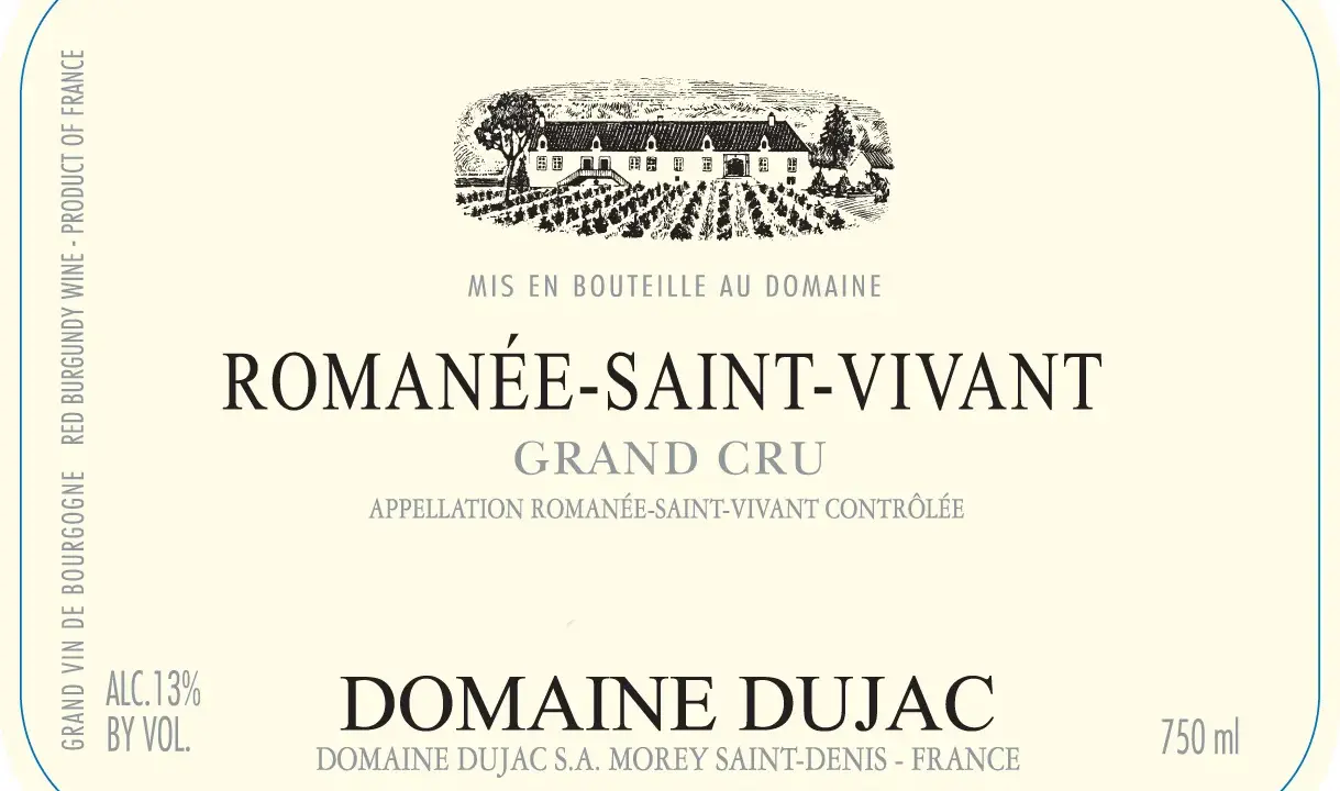 Étiquette de vin Romanée-Saint-Vivant Grand Cru, millésime 2010, Domaine Dujac. Un grand cru de Bourgogne.