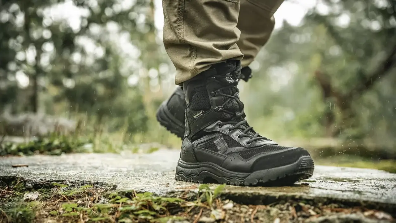 Czarne, wysokie buty na wycieczki w góry, z membraną HydroGuard, gotowe na deszczową pogodę i trudny teren.