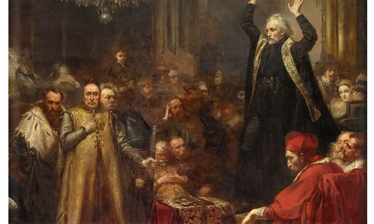 Piotr Skarga wygłasza płomienną mowę do zgromadzonych dostojników.