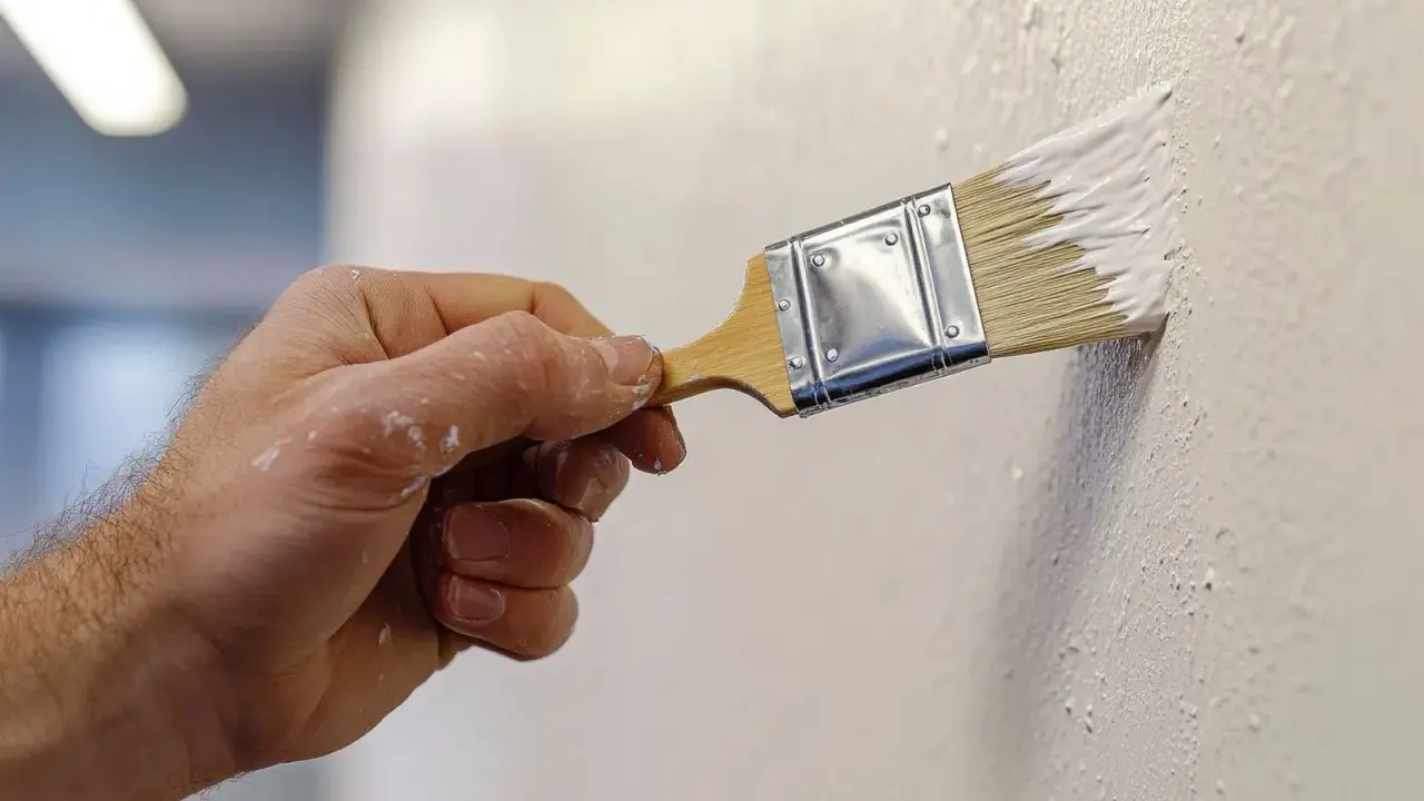 Mano aplicando pintura blanca con brocha, creando texturas. Descubre trucos para pintar paredes con efectos únicos.