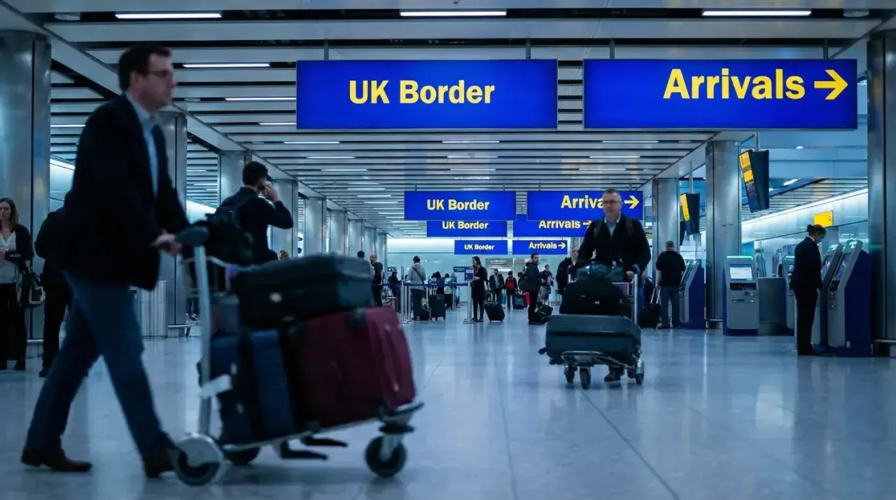 Podróżni z bagażami na lotnisku, kierujący się do UK Border. Zastanawiają się, ile alkoholu do UK mogą przywieźć.