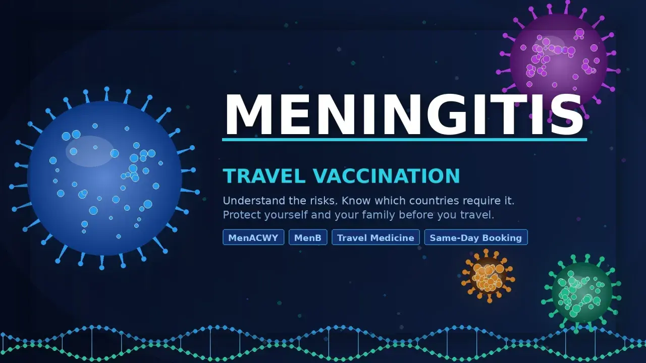 Grafik visar virus och text om resevaccination mot epidemisk hjärnhinneinflammation. Skydda dig själv och familjen.