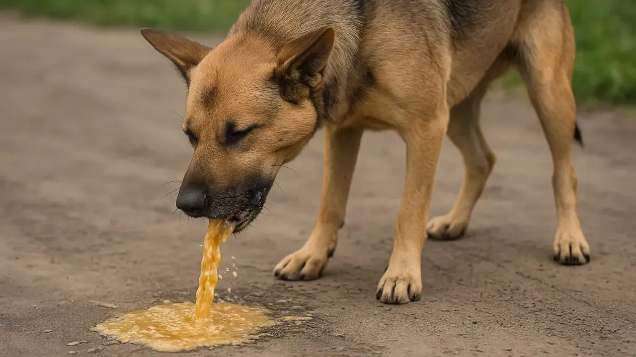Smutny pies wymiotuje żółtą cieczą. Widać, że jest mu bardzo źle.