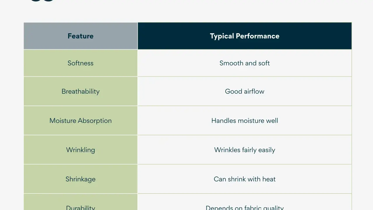 Rayon fabric offers good airflow, making it breathable. This chart details its softness, moisture absorption, wrinkling, shrinkage, and durability.