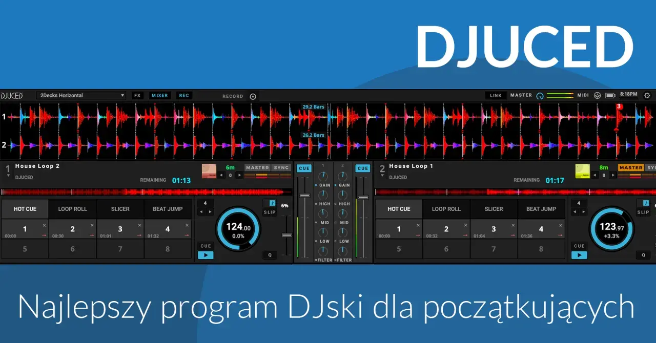 DJUCED - najlepszy program DJ dla początkujących. Interfejs z dwiema ścieżkami, falami dźwiękowymi i kontrolkami miksera.