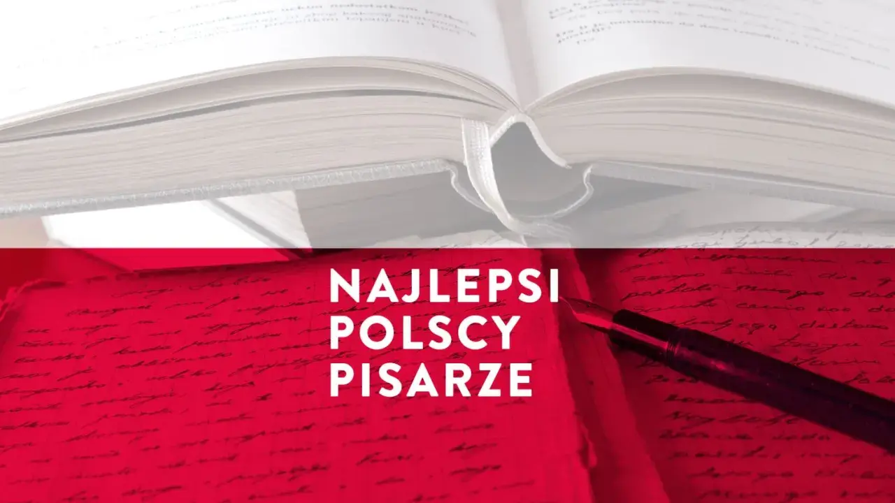 Otwarta księga i pióro na tle rękopisu. Tytuł: Najlepsi polscy pisarze.