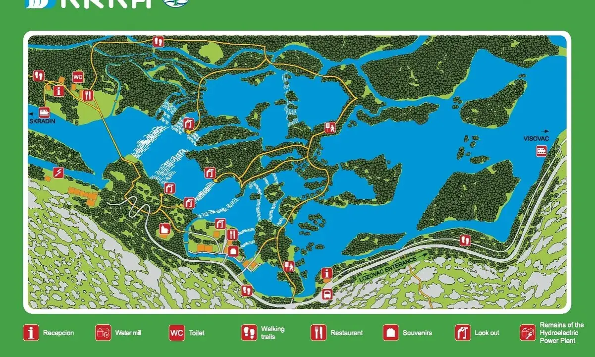 Mapa Parku Narodowego Krka, ukazująca sieć szlaków, wodospady i punkty widokowe.