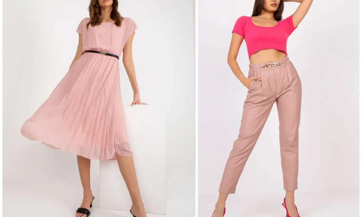 Elegancka sukienka w pudrowy róż i stylowy komplet z beżowymi spodniami i różowym topem.