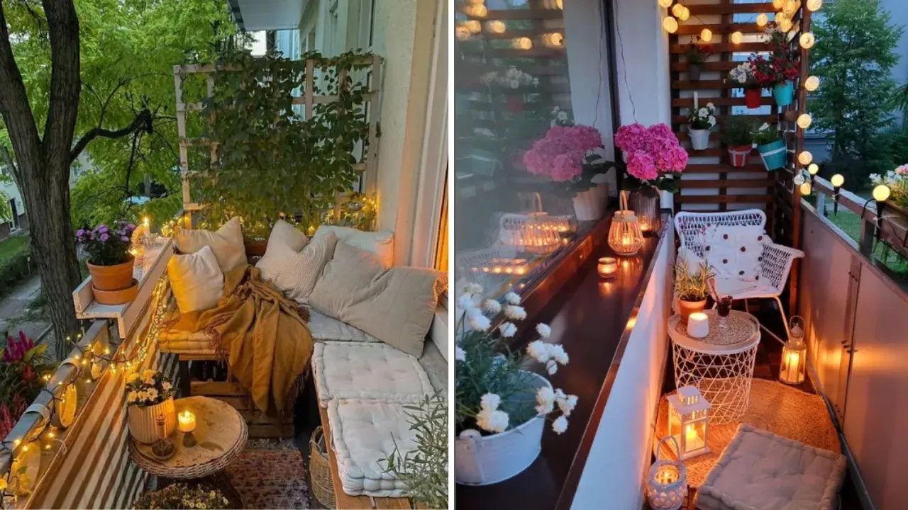 Ambiance cosy sur un balcon : coussins moelleux, plaid douillet, guirlandes lumineuses et bougies pour une déco été à faire soi-même.