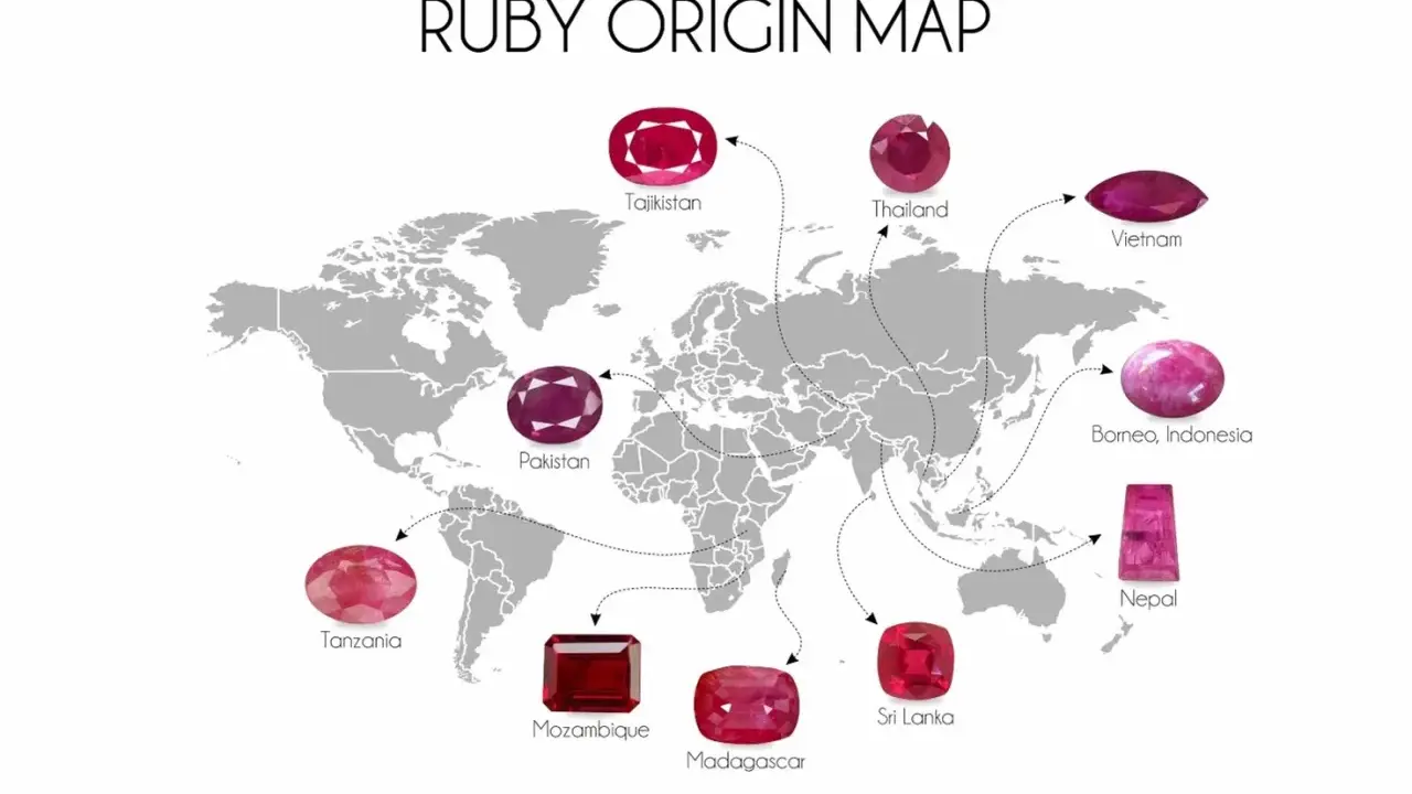 Mappa delle origini dei rubini, con gemme di un intenso rubino rosso provenienti da Tanzania, Mozambico, Madagascar, Sri Lanka, Pakistan, Tagikistan, Thailandia, Vietnam, Borneo e Nepal.