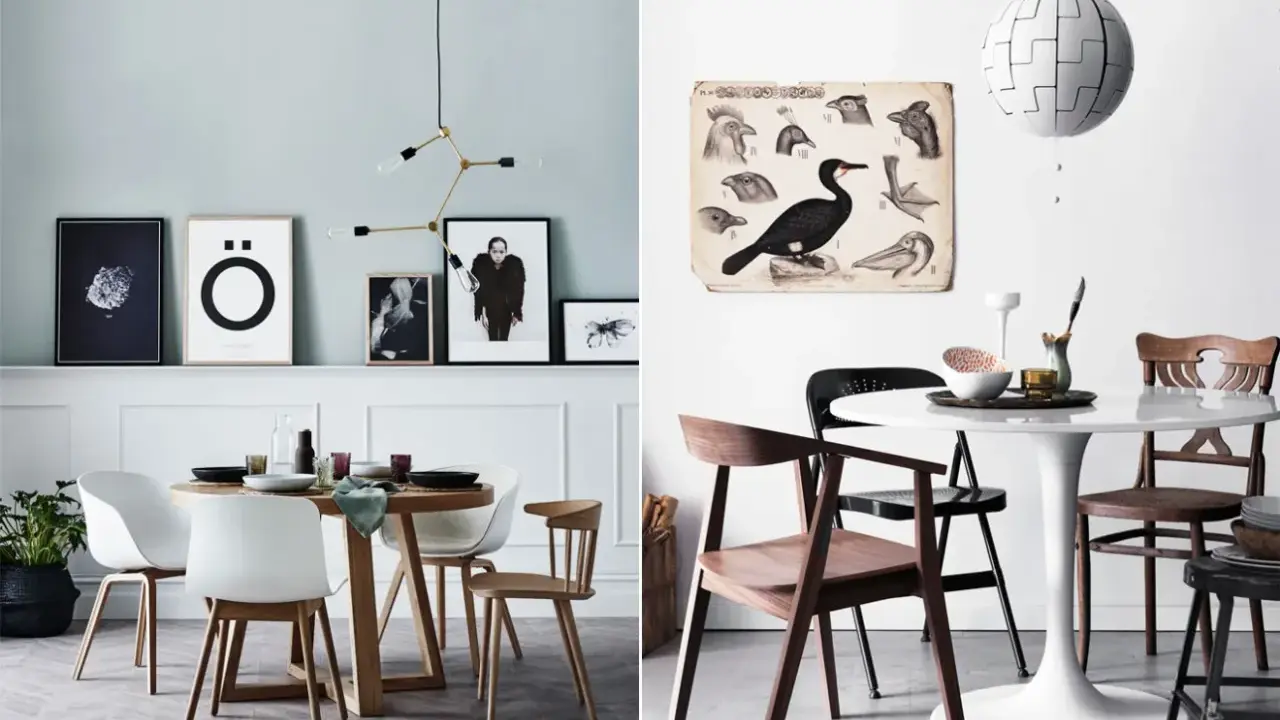 Två moderna matplatser hemma hos inredningsarkitekten. En med runt träbord och vita stolar, den andra med vitt tulipbord och blandade stolar.