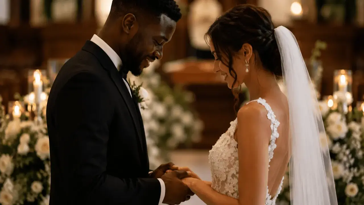 Novios tomados de la mano, inspirados por poemas para bodas, sonríen en un altar decorado con flores y velas.