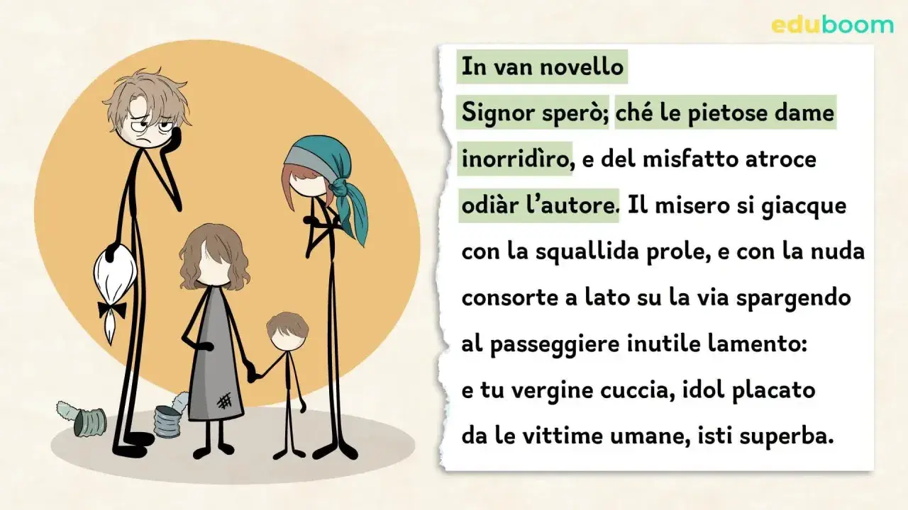 Figure stilizzate: un uomo pensieroso, una donna con foulard e due bambini, uno dei quali tiene la mano a un altro. Testo: "e tu vergine cuccia, idol placato".