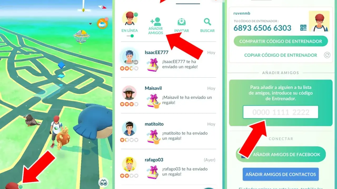 Gra Pokémon Go, ekran z listą znajomych i kodem trenera. Gracze wymieniają się prezentami, budując relacje w grze.