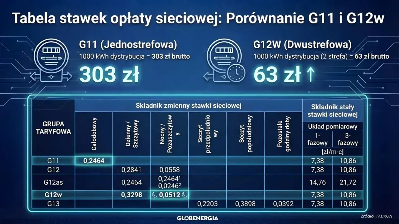 Porównanie taryfy G11 i G12w: G11 kosztuje 303 zł, G12w 63 zł za 1000 kWh. Tabela stawek sieciowych.