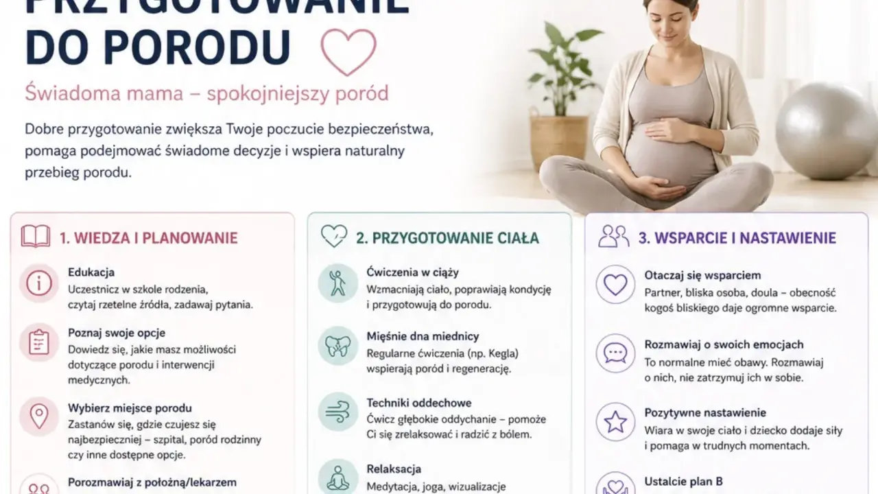 Kobieta w ciąży przygotowuje się do porodu: zdobywa wiedzę, ćwiczy ciało i szuka wsparcia.