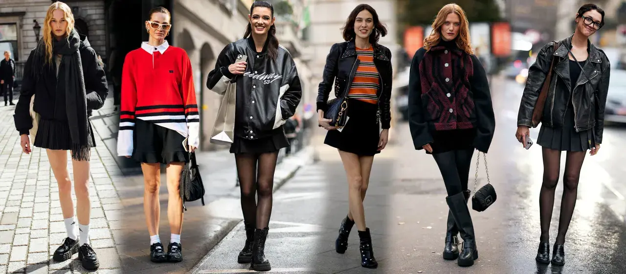 Moda invernale: outfit con gonna nera corta, giacche in pelle e stivali.