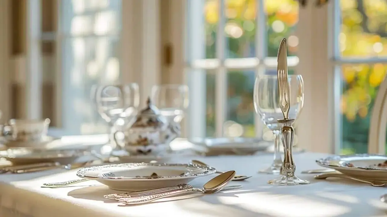 Une table dressée avec élégance, des verres et une théière en porcelaine. Le couteau est posé sur le verre, une astuce pour savoir comment poser les couverts après le repas.