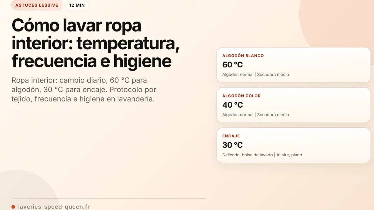 Guía para el programa lavadora ropa interior: 60°C para algodón blanco, 40°C para algodón color y 30°C para encaje.