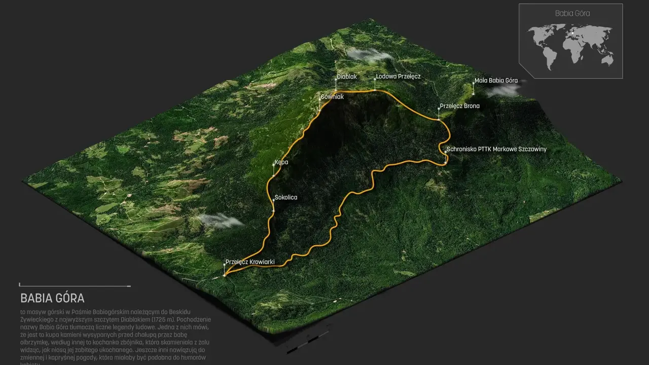 Trójwymiarowa mapa Babiej Góry z zaznaczonymi szlakami. Pogoda na górze bywa zmienna, jak opowiadają legendy.