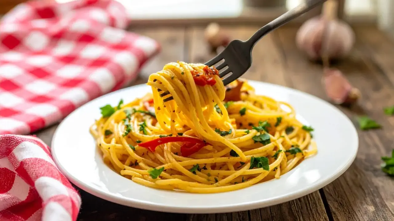 Un piatto di spaghetti alla carrettiera fumanti, conditi con pomodoro, aglio e prezzemolo, pronti per essere gustati.
