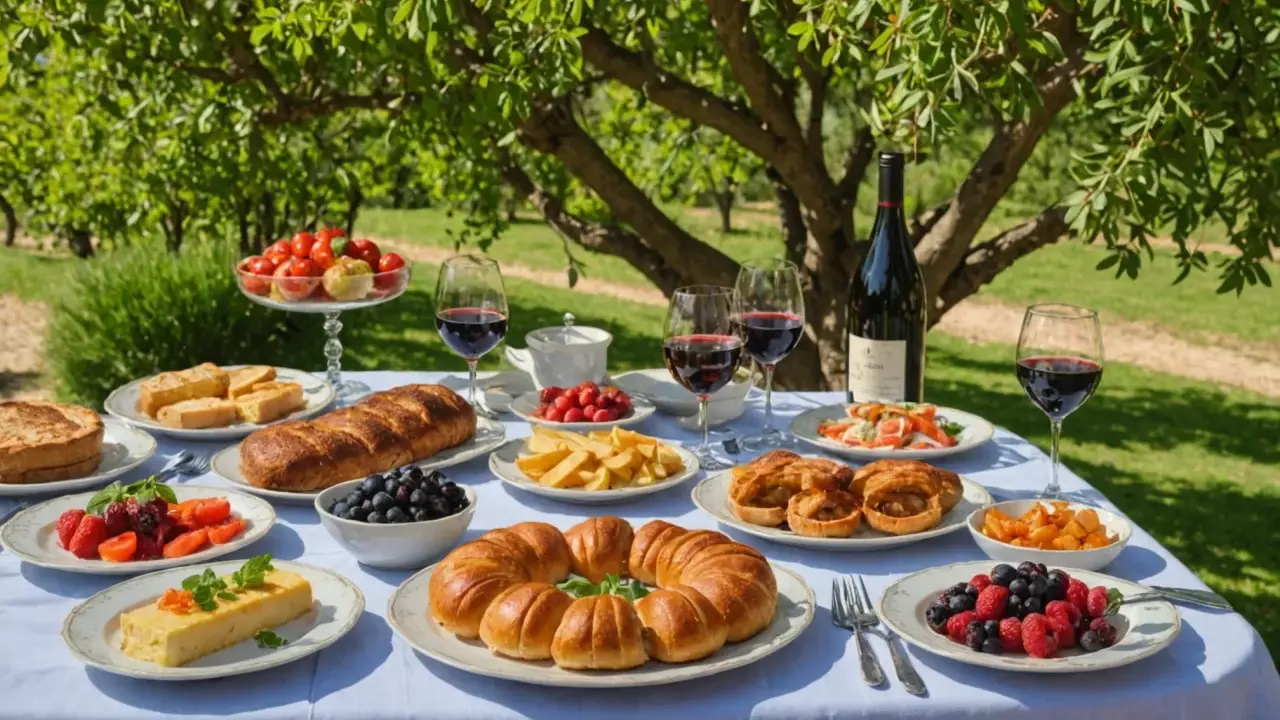 Un festin en plein air : pain, fruits, tartes et vin rouge, une véritable spécialité du Luberon sous les arbres.