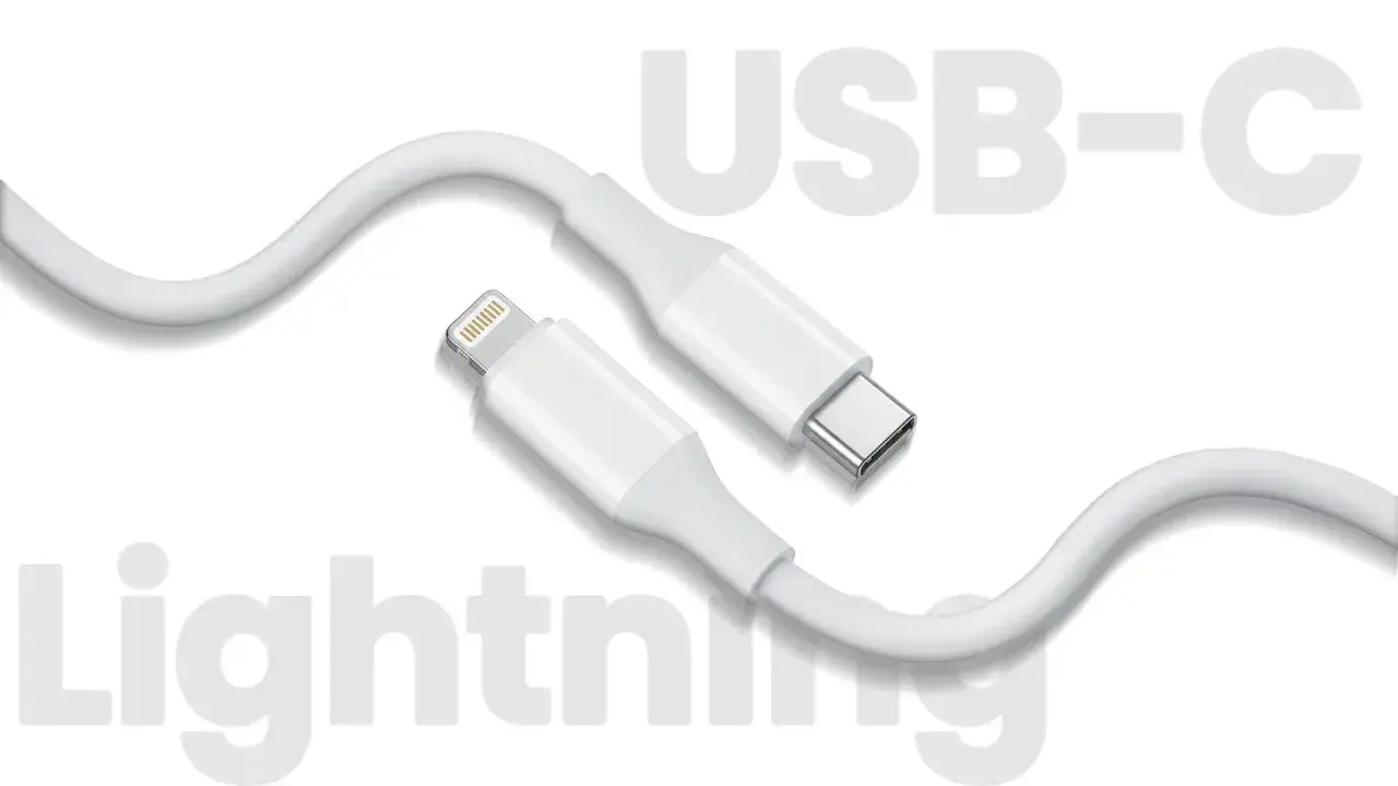 Biały kabel z dwoma różnymi rodzajami złącz: Lightning i USB-C.