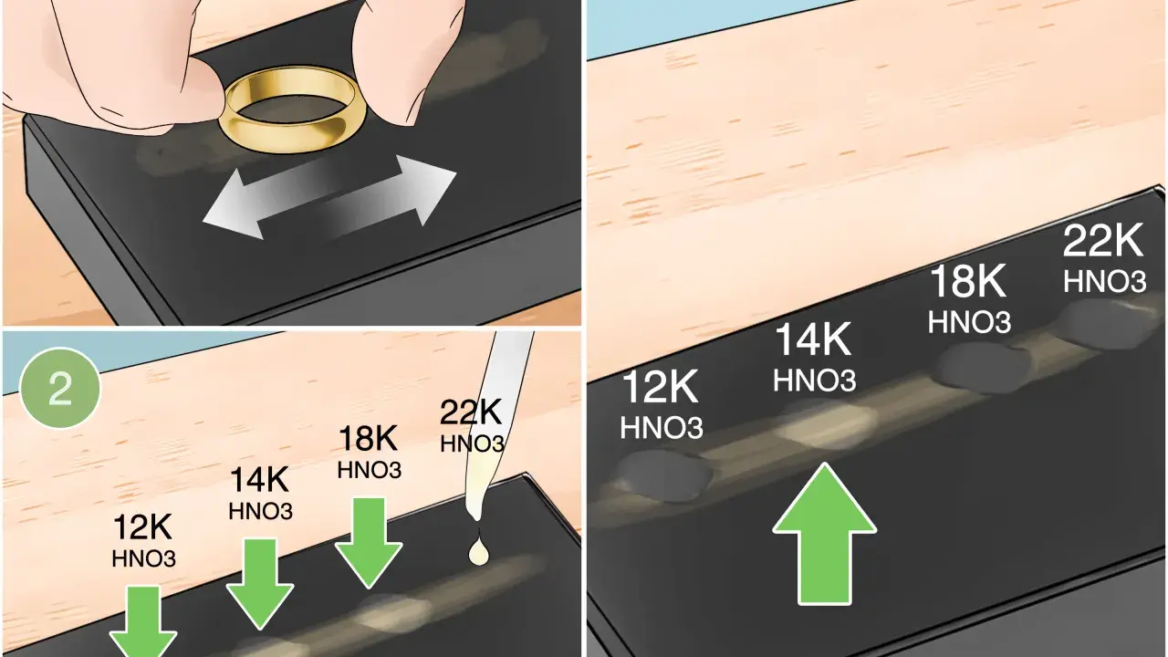 Testare la purezza dell'oro: si strofina un anello su una pietra, poi si applica acido nitrico per verificare la reazione. L'oro non è magnetico, ma reagisce diversamente a seconda della sua caratura.