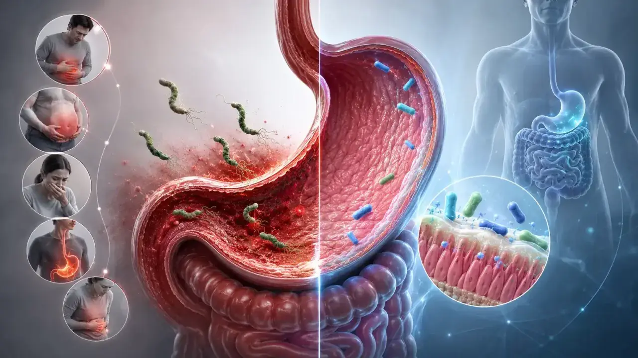 Il batterio Helicobacter pylori causa infiammazione e gonfiore addominale, con sintomi come dolore e nausea.