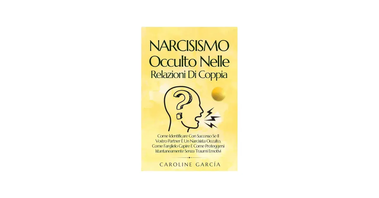 Copertina libro "Narcisismo Occulto Nelle Relazioni Di Coppia". Illustrazione di una testa con un punto interrogativo e fulmini, che suggerisce le caratteristiche del narcisista.