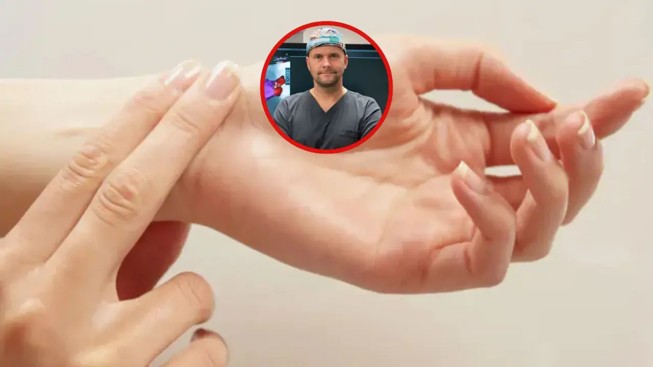Lekarz w okrągłym kadrze patrzy na dłoń, na której badana jest norma tętna.