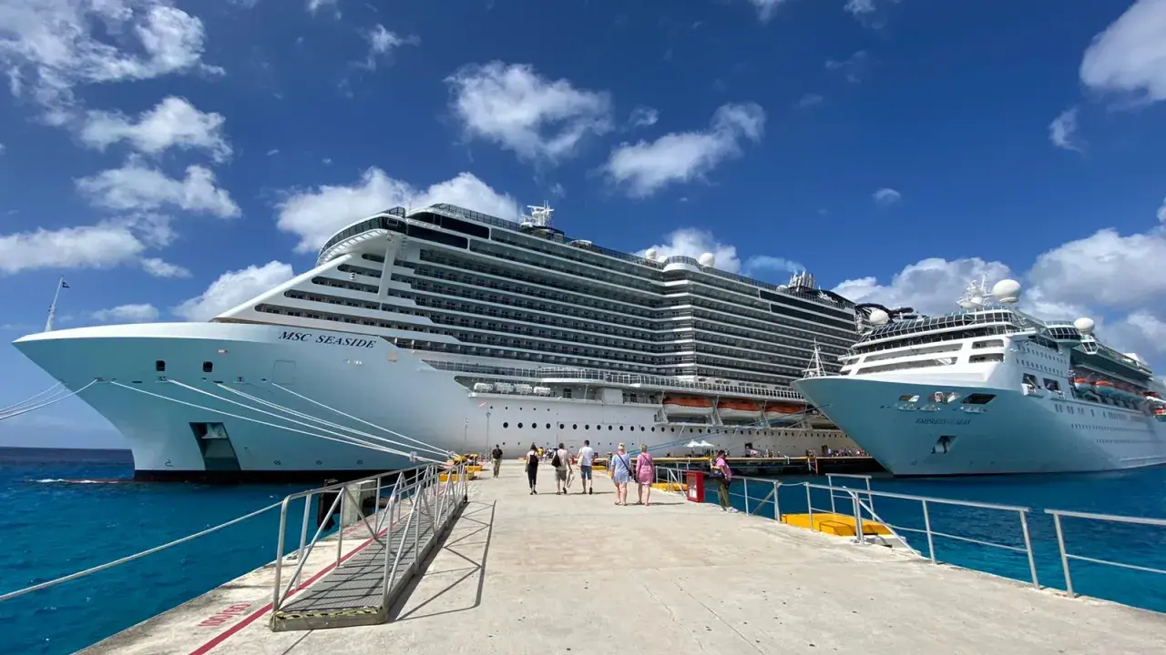 Persone camminano su un molo verso due enormi navi da crociera, pronte per imbarcarsi. Ecco come si sale su una nave da crociera!
