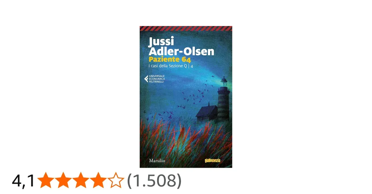 Copertina del libro "Paziente 64" di Jussi Adler-Olsen, con un faro e uccelli su uno sfondo blu scuro.