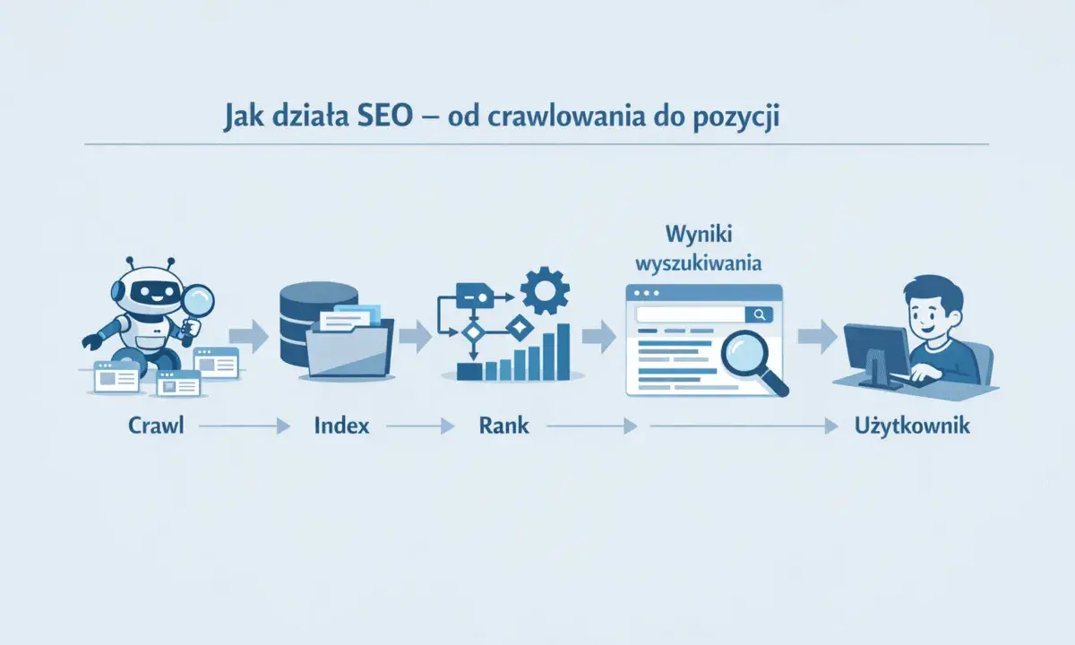 Schemat działania SEO: robot indeksuje strony (Crawl), tworzy bazę danych (Index), ustala ranking (Rank), by użytkownik znalazł wyniki wyszukiwania i osiągnął dobrą pozycję.