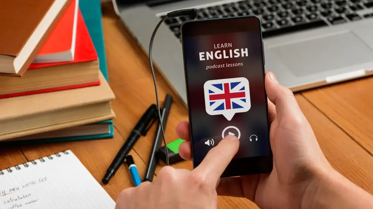 Ręka trzyma smartfon z aplikacją do nauki angielskiego. Na biurku leżą książki i notatnik z nowymi słówkami.