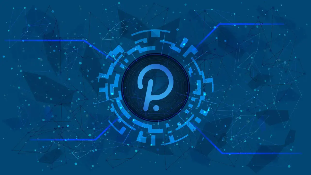 Centralny symbol polkadot crypto otoczony siecią połączeń, symbolizujący zdecentralizowaną przyszłość.
