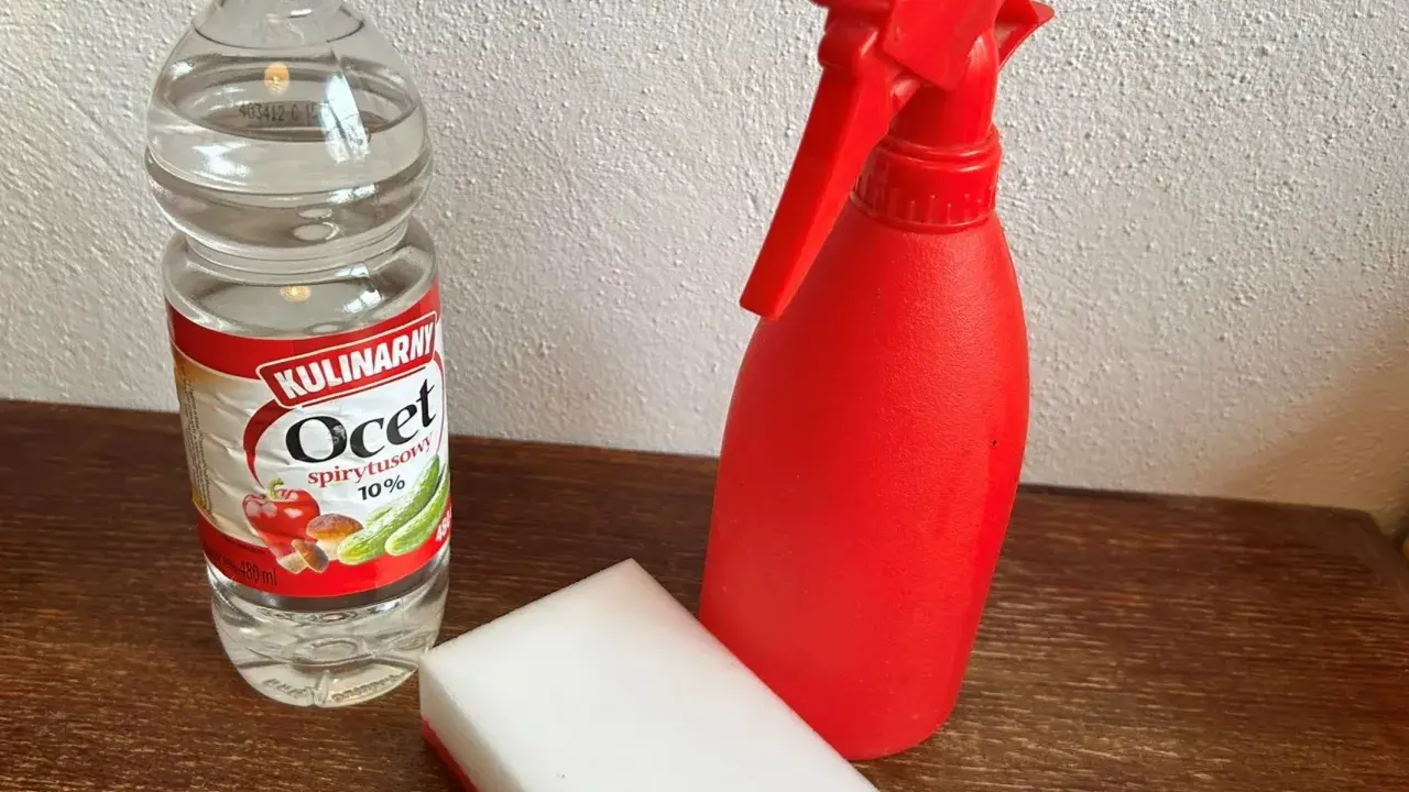 Butelka octu spirytusowego 10%, czerwony spryskiwacz i biała gąbka. Czy ocet odtłuszcza? To zestaw do domowych porządków.