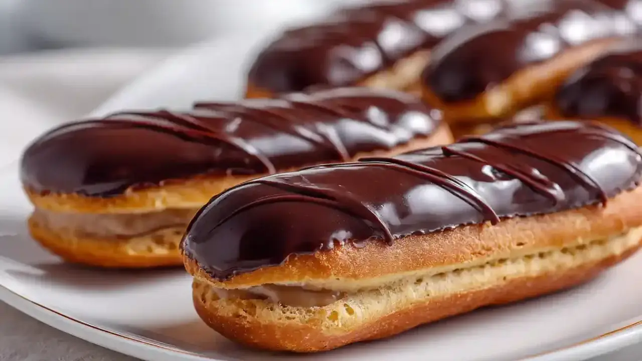 Des éclairs au chocolat, parfaits pour une recette gourmande. La crème pâtissière est généreuse, le glaçage brillant et les lignes de chocolat noir ajoutent une touche d'élégance.