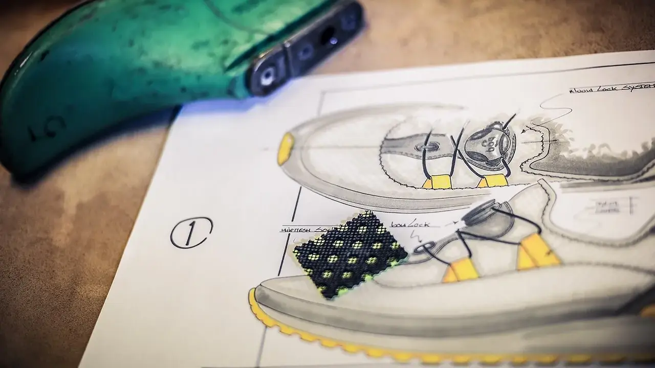Ein Schuhdesigner skizziert einen Sneaker mit Schnürsystem. Ein grüner Schuhleisten liegt daneben.