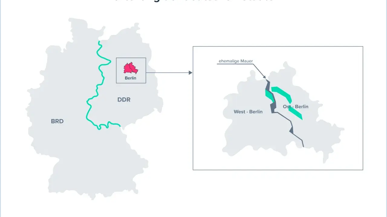 Karte zeigt die Teilung Deutschlands in BRD und DDR, mit Berlin als geteilter Stadt, die von der ehemaligen Mauer durchzogen ist.