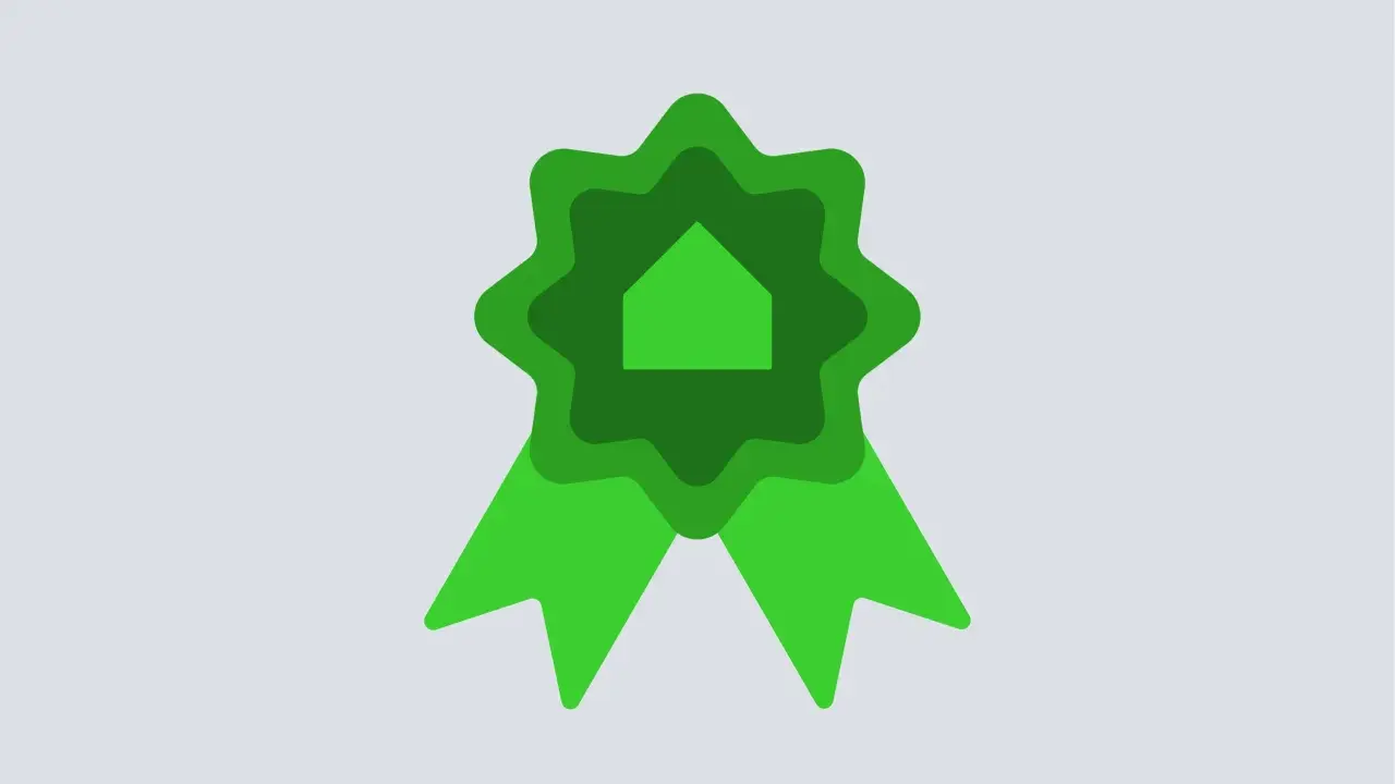 Medalla verde con silueta de casa, símbolo de eficiencia energética para tu certificado energético alquiler.