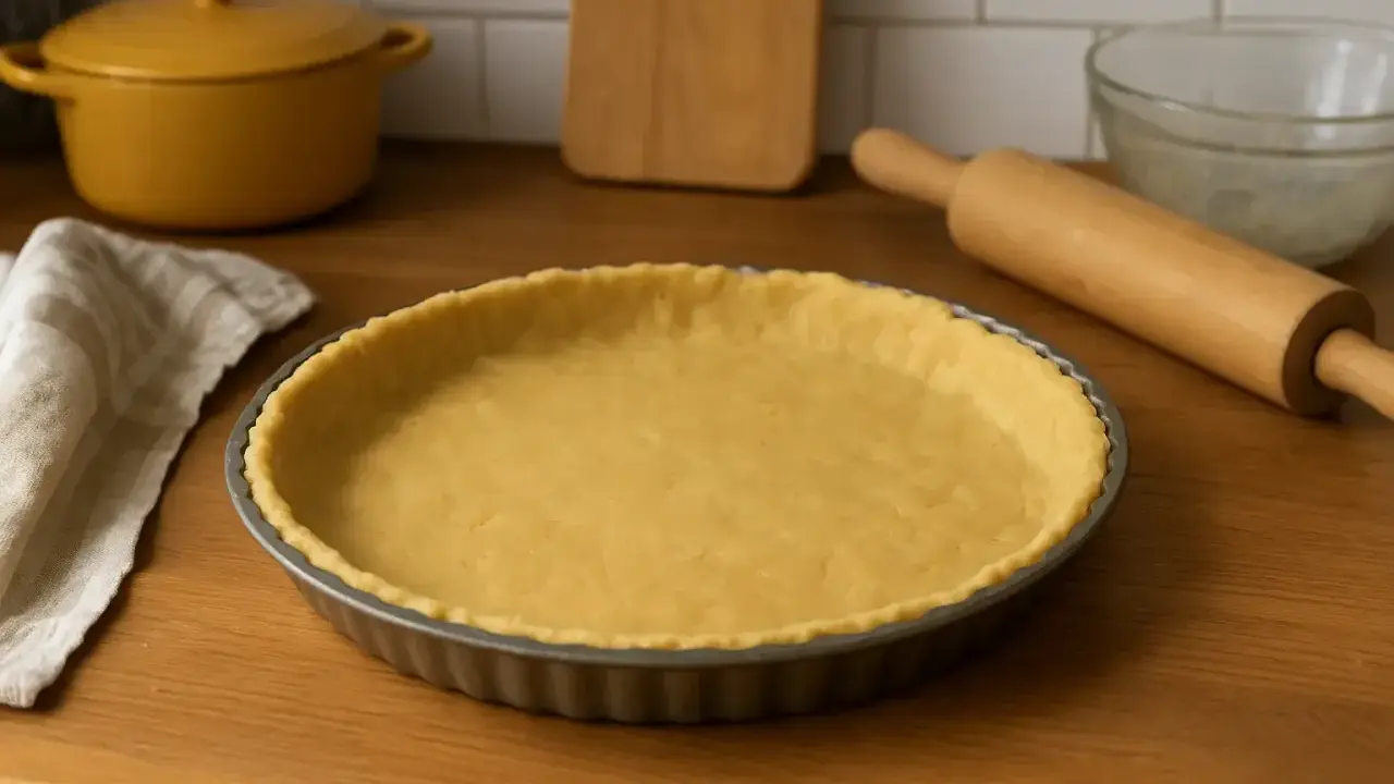 Une pâte brisée sans beurre, prête à être garnie, repose dans un moule à tarte. Un rouleau à pâtisserie et une serviette sont à proximité.